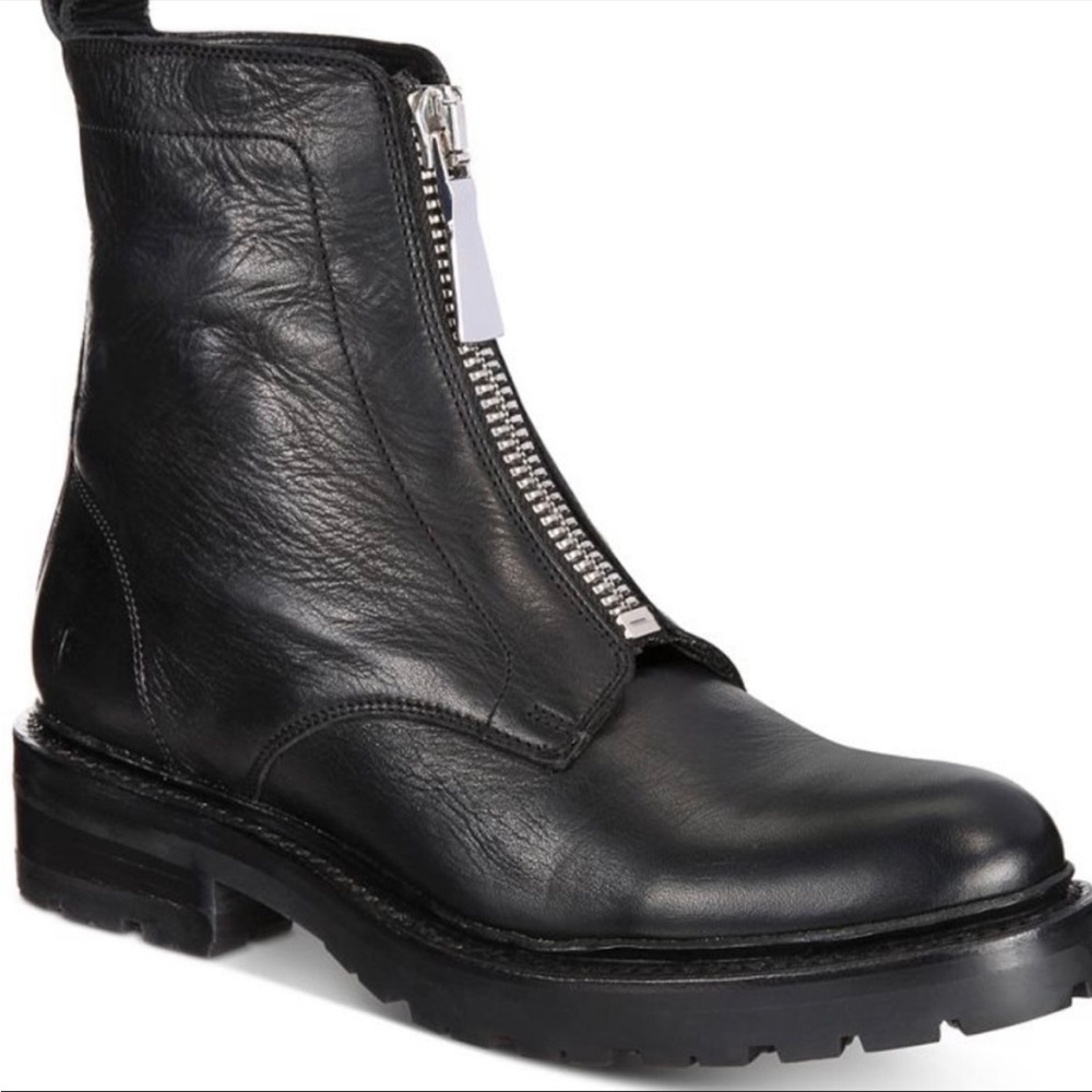 Frye Julie Black Front-Center Zip Leather Moto Combat Boot